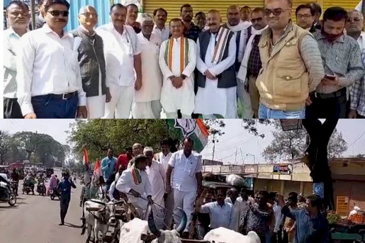 डीजल, पेट्रोल और घरेलू रसोई गैस के बढ़ते दामों के विरोध में कांग्रेस ने बैलगाड़ी यात्रा निकालकर किया प्रदर्शन